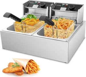 Commercial Deep Fryer, 3400W Electric Deep Fryers with 2x6.35QT Baskets 0.8mm Thickened Stainless Steel Countertop Oil Fryer 20.7QT Large Capacity with Temperature Limiter (12L)