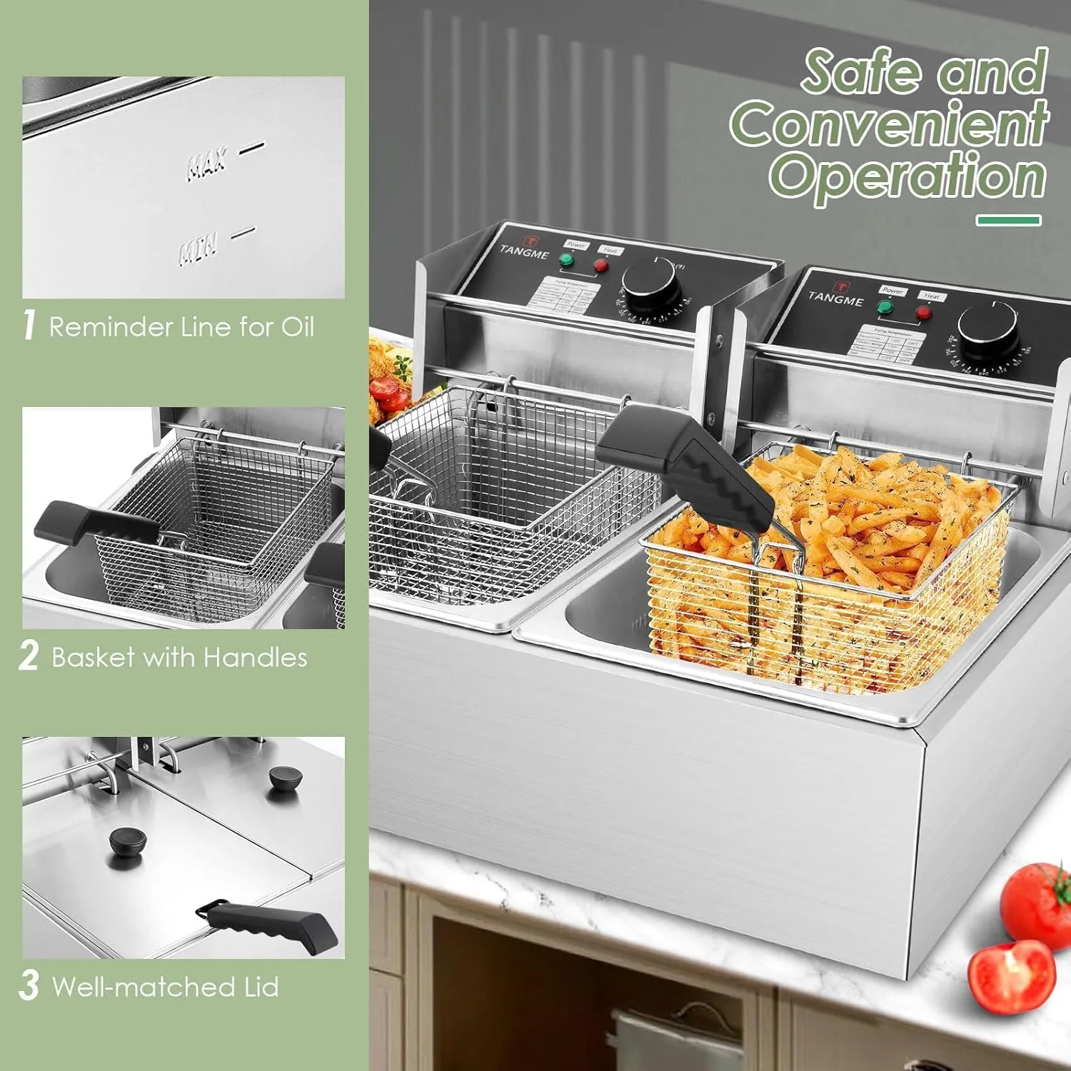Commercial Deep Fryer, 3400W Electric Deep Fryers with 2x6.35QT Baskets 0.8mm Thickened Stainless Steel Countertop Oil Fryer 20.7QT Large Capacity with Temperature Limiter (12L)