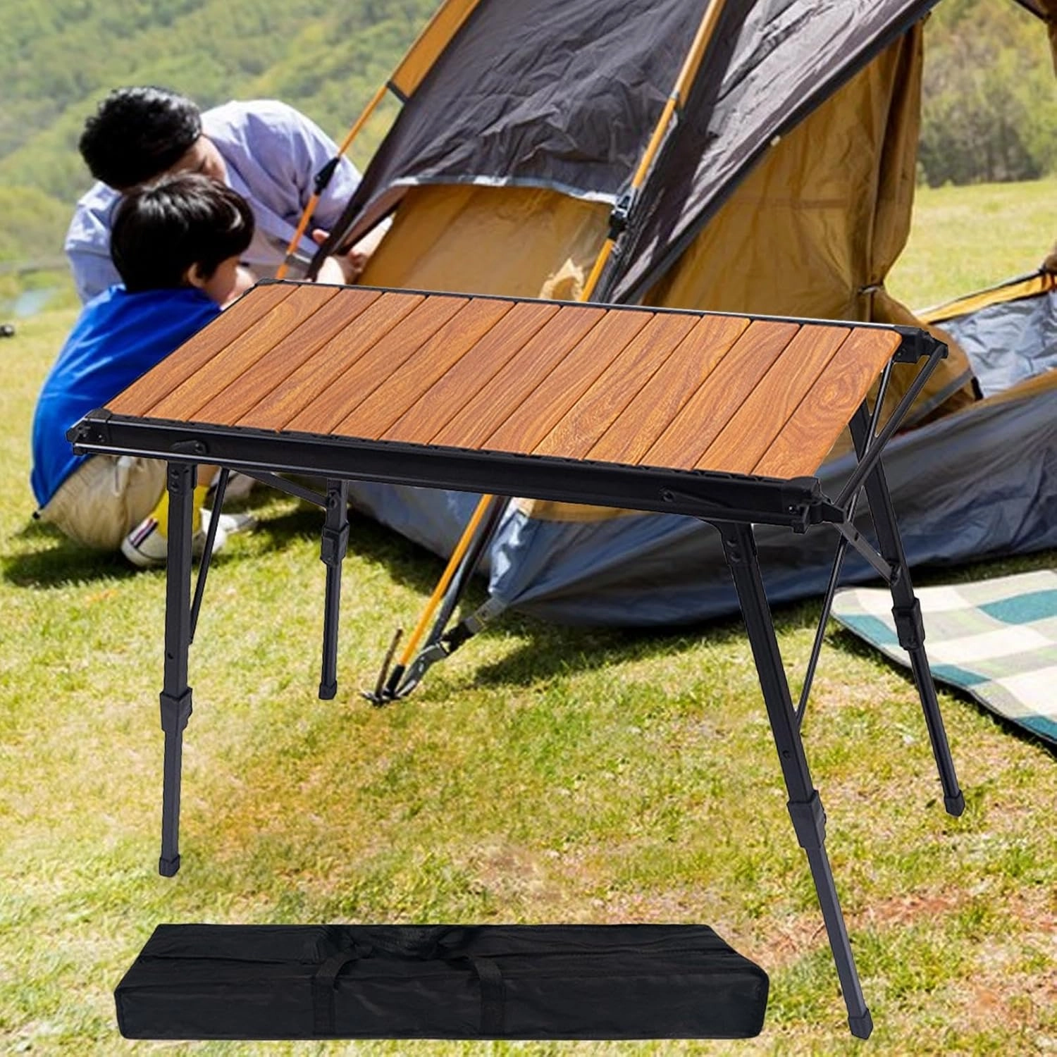 Compact Folding Table for Outdoor Activities, Adjustable Design for Camping and BBQ, Wood Grain