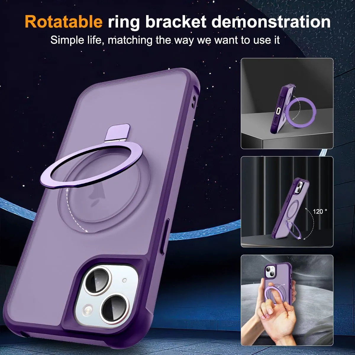 Compatible with iPhone 14 Plus Case with Invisible Magnetic O-Ring Stand Military-Grade Translucent Case for iPhone 14 Plus 6.7" [Compatible with MagSafe][Great Grip Feeling], Purple