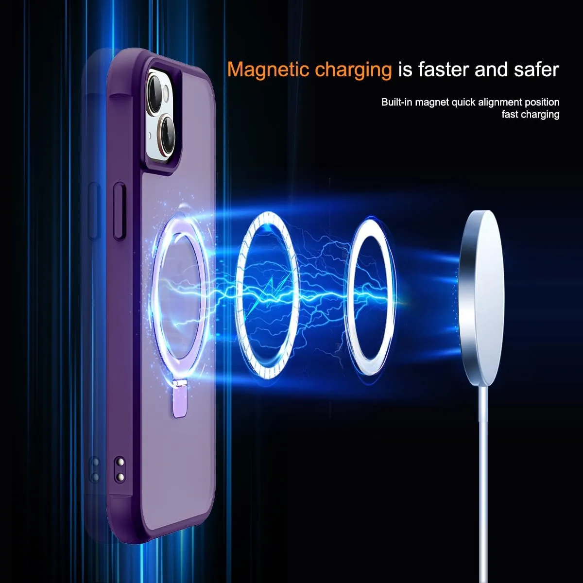 Compatible with iPhone 14 Plus Case with Invisible Magnetic O-Ring Stand Military-Grade Translucent Case for iPhone 14 Plus 6.7" [Compatible with MagSafe][Great Grip Feeling], Purple