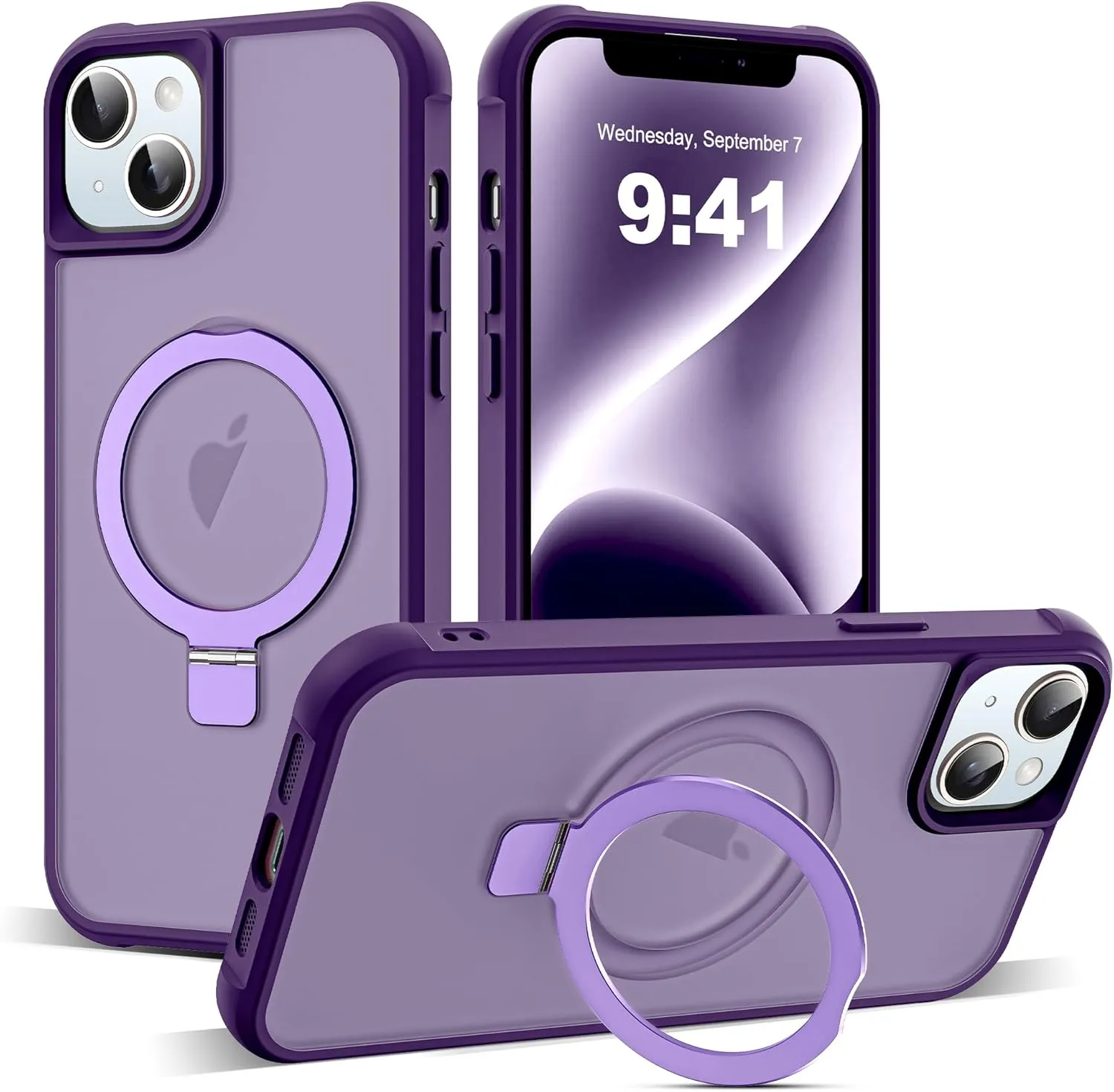Compatible with iPhone 14 Plus Case with Invisible Magnetic O-Ring Stand Military-Grade Translucent Case for iPhone 14 Plus 6.7" [Compatible with MagSafe][Great Grip Feeling], Purple