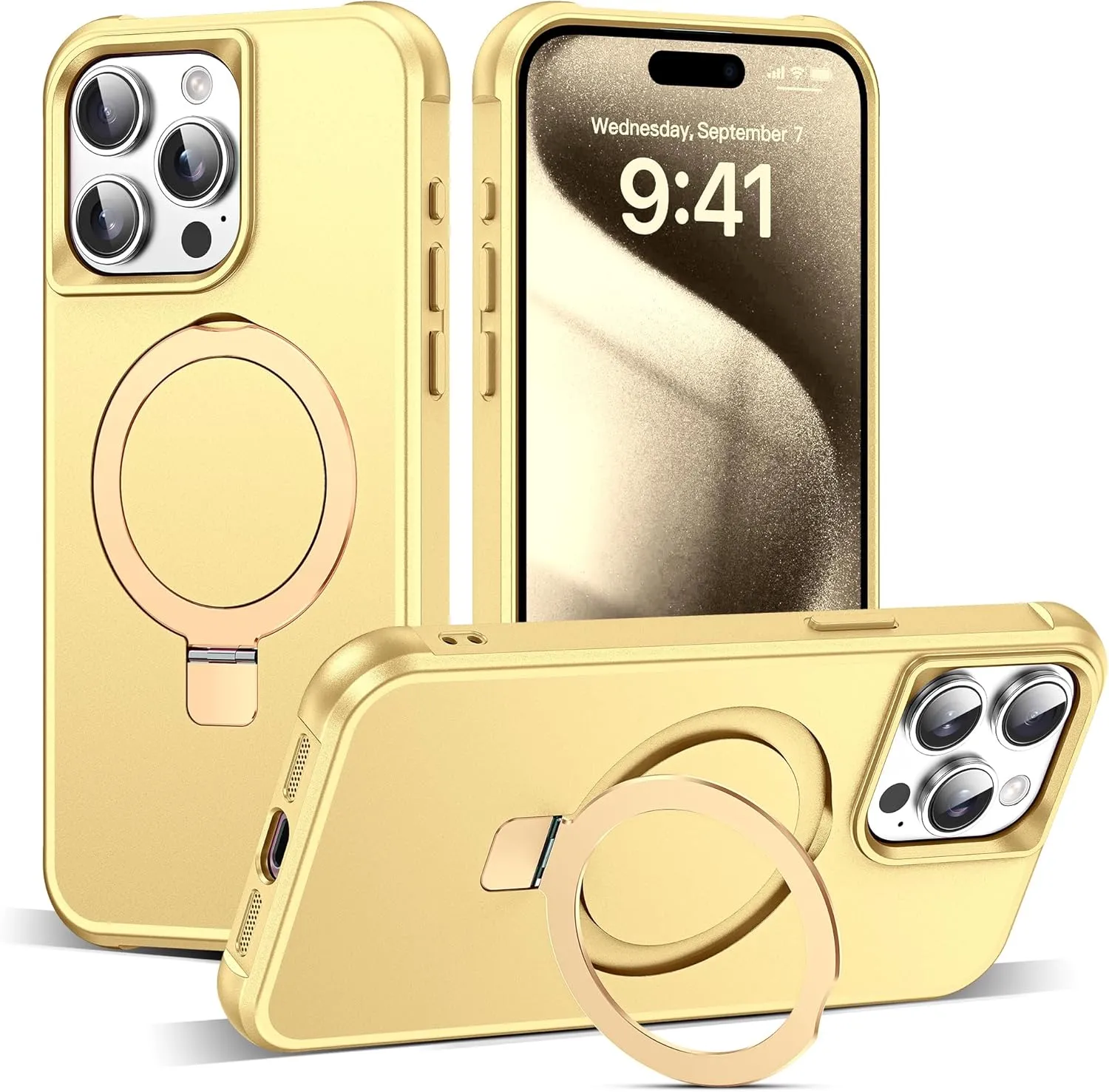 Compatible with iPhone 15 Pro Max Case with Invisible Magnetic O-Ring Stand Military-Grade Case for iPhone 15 ProMax 6.7" [Compatible with Mag-Safe][Great Grip Feeling], Gold