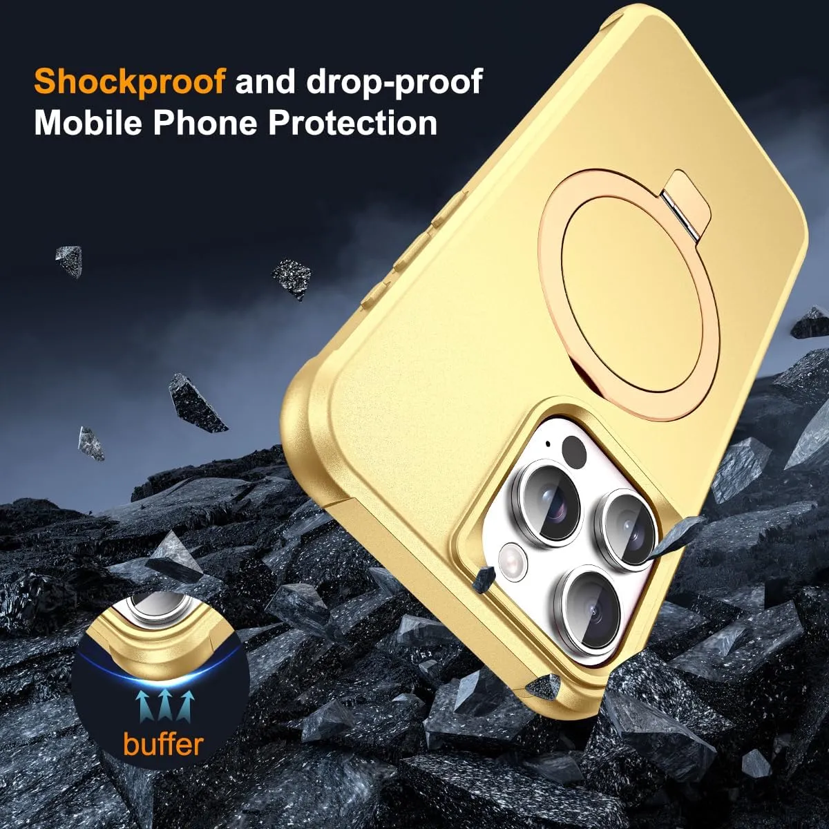 Compatible with iPhone 15 Pro Max Case with Invisible Magnetic O-Ring Stand Military-Grade Case for iPhone 15 ProMax 6.7" [Compatible with Mag-Safe][Great Grip Feeling], Gold