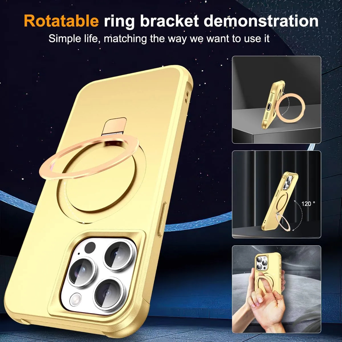 Compatible with iPhone 15 Pro Max Case with Invisible Magnetic O-Ring Stand Military-Grade Case for iPhone 15 ProMax 6.7" [Compatible with Mag-Safe][Great Grip Feeling], Gold