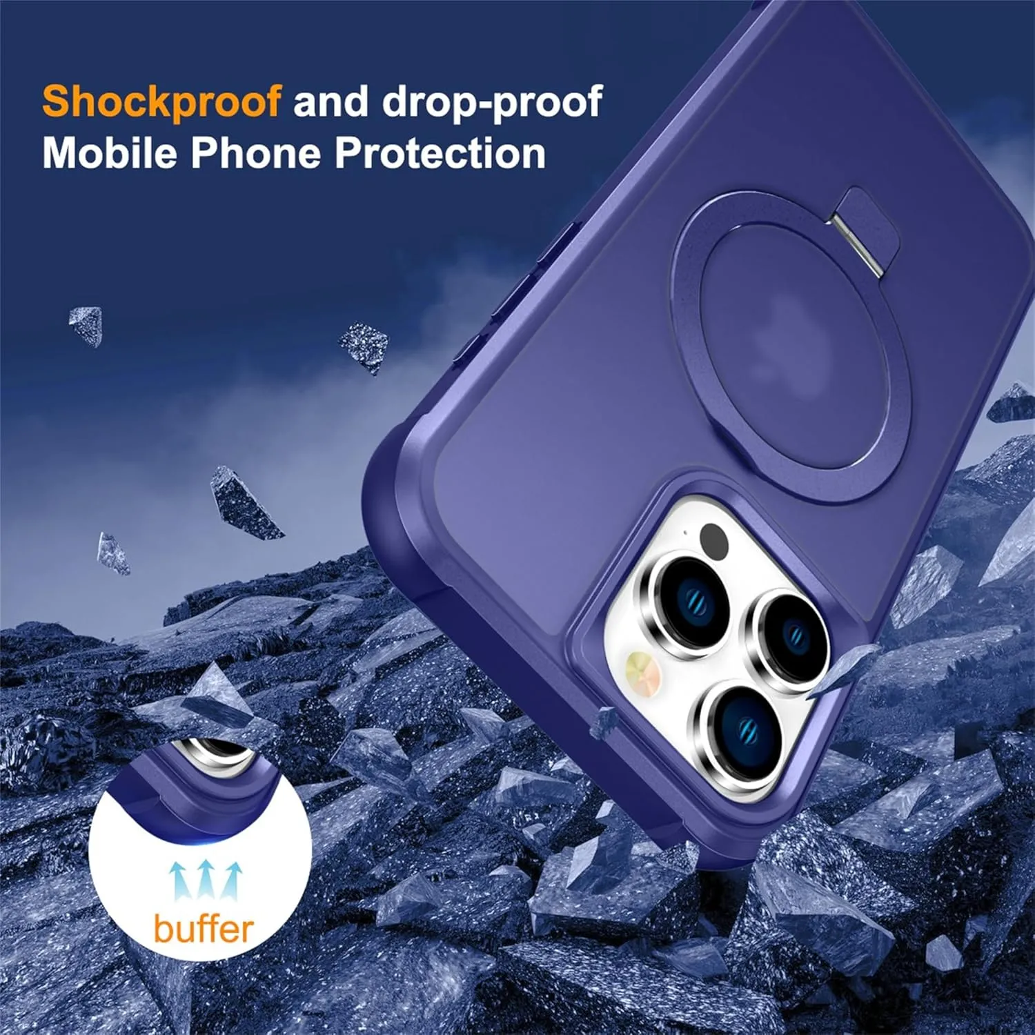 Compatible with iPhone 15 Pro Max Case with Invisible Magnetic O-Ring Stand Military-Grade Translucent Case for iPhone 15 ProMax 6.7" [Compatible with MagSafe][Great Grip Feeling], Navy