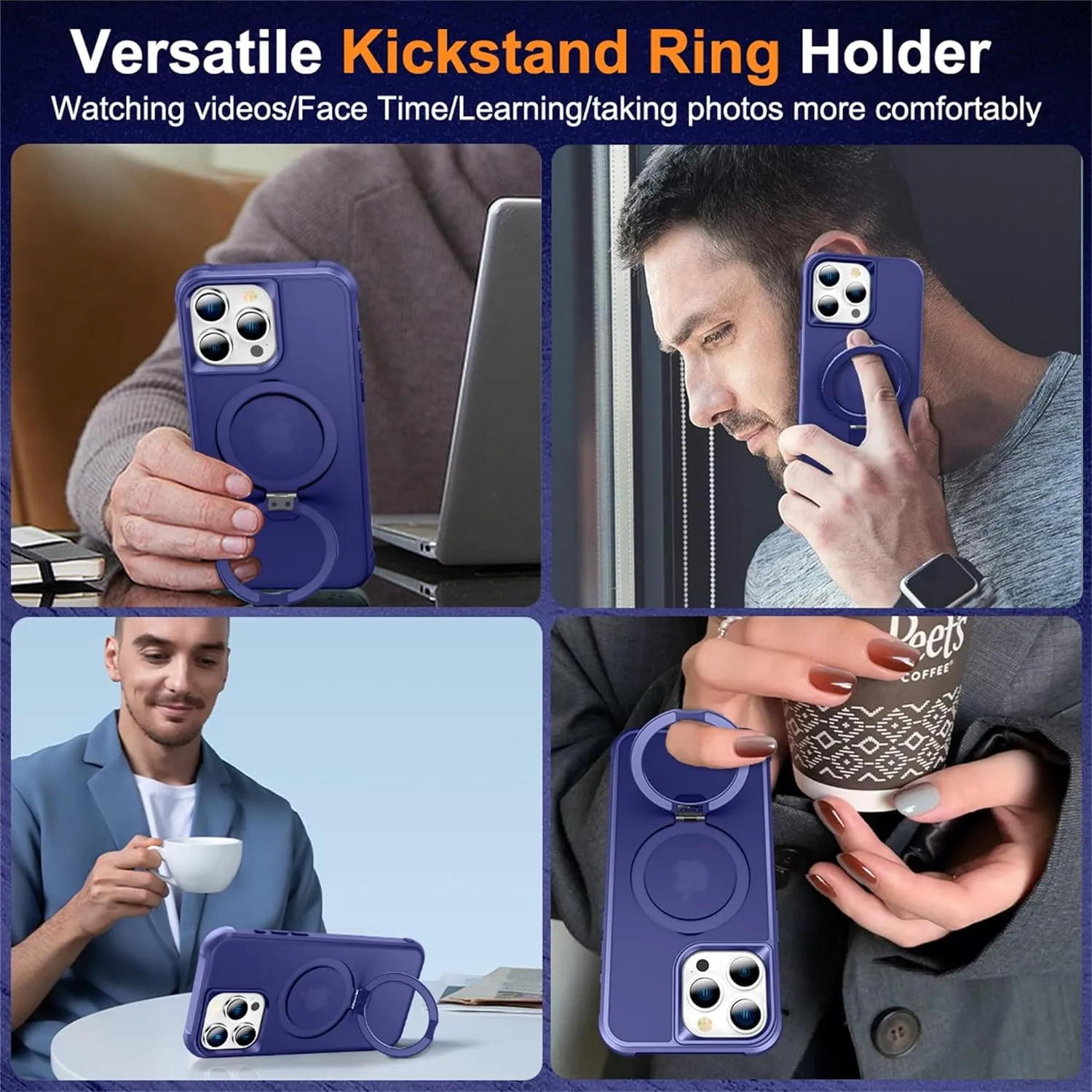 Compatible with iPhone 15 Pro Max Case with Invisible Magnetic O-Ring Stand Military-Grade Translucent Case for iPhone 15 ProMax 6.7" [Compatible with MagSafe][Great Grip Feeling], Navy