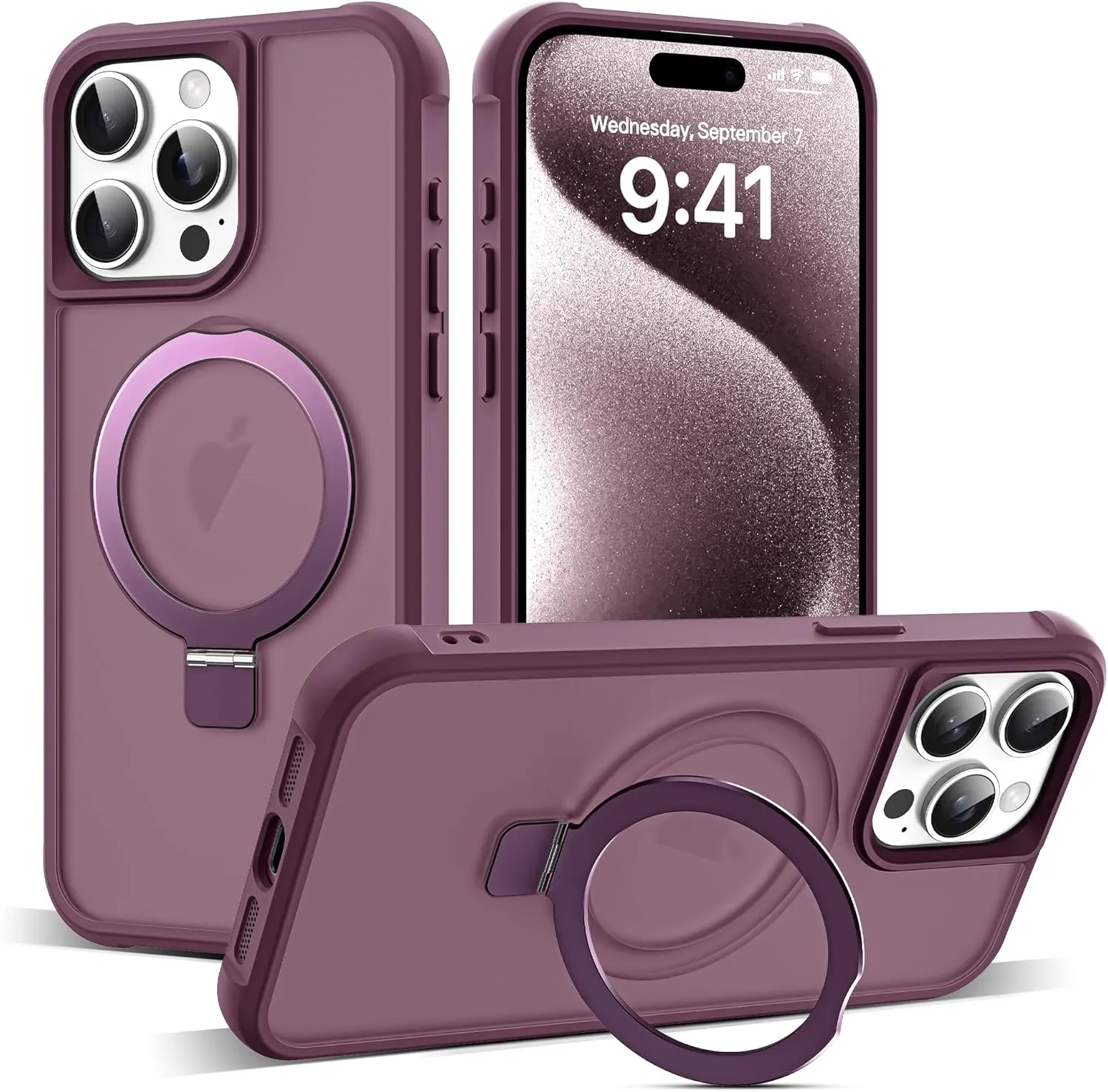 Compatible with iPhone 15 Pro Max Case with Invisible Magnetic O-Ring Stand Military-Grade Translucent Case for iPhone 15 ProMax 6.7" [Compatible with MagSafe][Great Grip Feeling], Wine Red