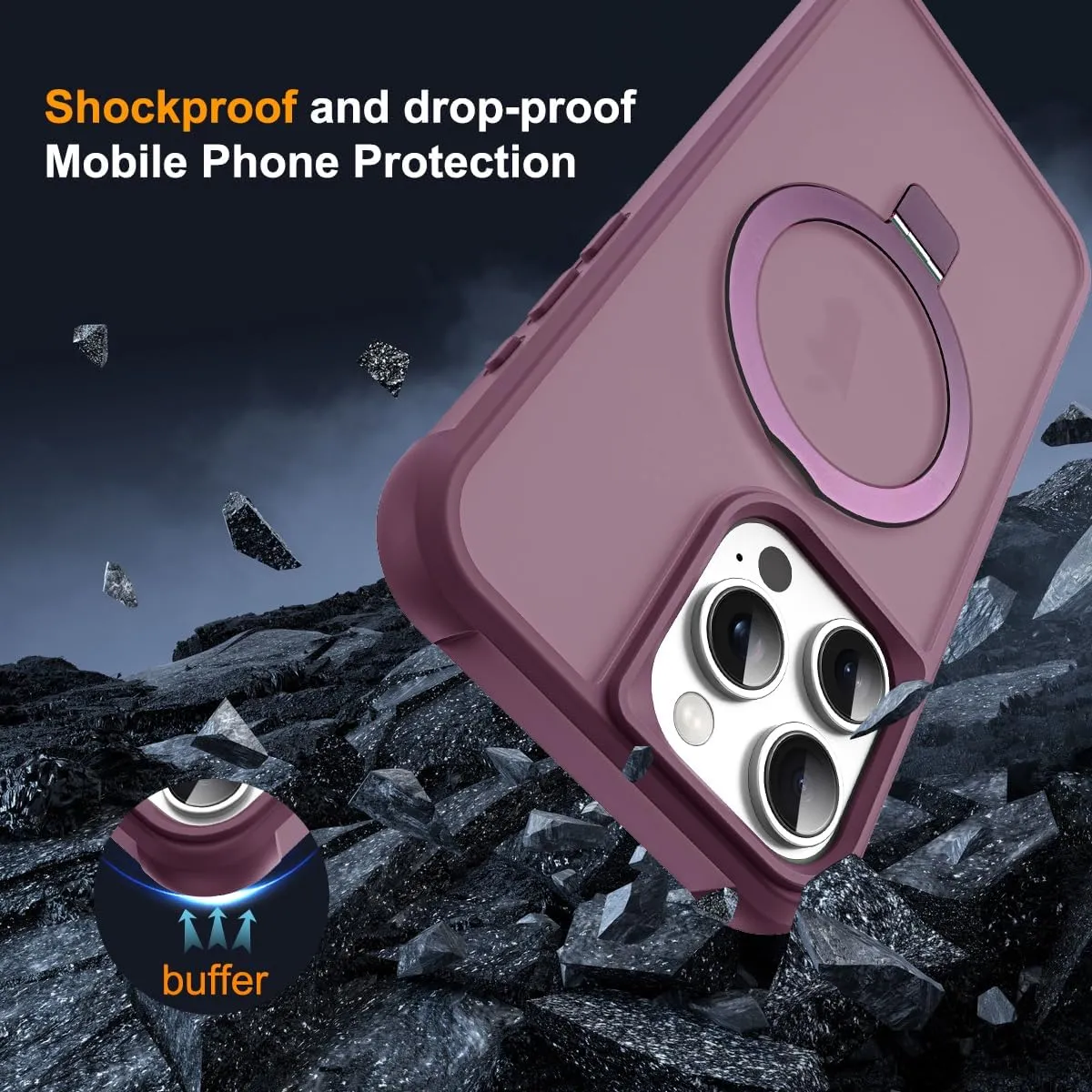 Compatible with iPhone 15 Pro Max Case with Invisible Magnetic O-Ring Stand Military-Grade Translucent Case for iPhone 15 ProMax 6.7" [Compatible with MagSafe][Great Grip Feeling], Wine Red