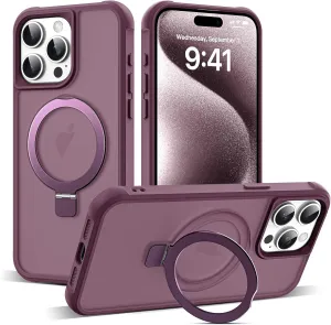 Compatible with iPhone 15 Pro Max Case with Invisible Magnetic O-Ring Stand Military-Grade Translucent Case for iPhone 15 ProMax 6.7" [Compatible with MagSafe][Great Grip Feeling], Wine Red