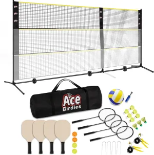 Complete Badminton Sets (10FT/17FT) Adjustable Width, Adjustable Height (2.8/5.1/7.4FT), Badminton Pickleball Volleyball Set with Net, 4Racket 4Paddels Volleyball for Outdoor Family Game.