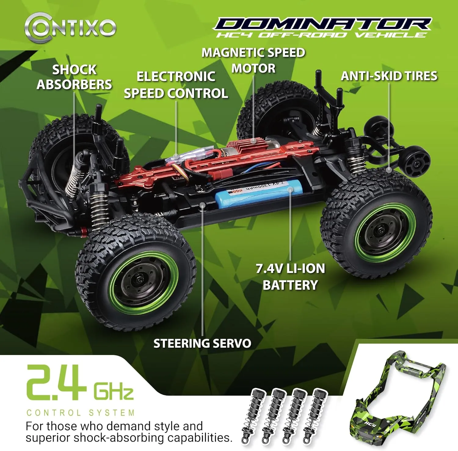 Contixo HC4 1:16 All Terrain RC Car – 25 MPH 4WD Off-Road Remote Control Truck with 2.4GHz Radio, LED Lights, Shock Absorption & Waterproof Design – High-Speed Electric Vehicle for Kids-Green