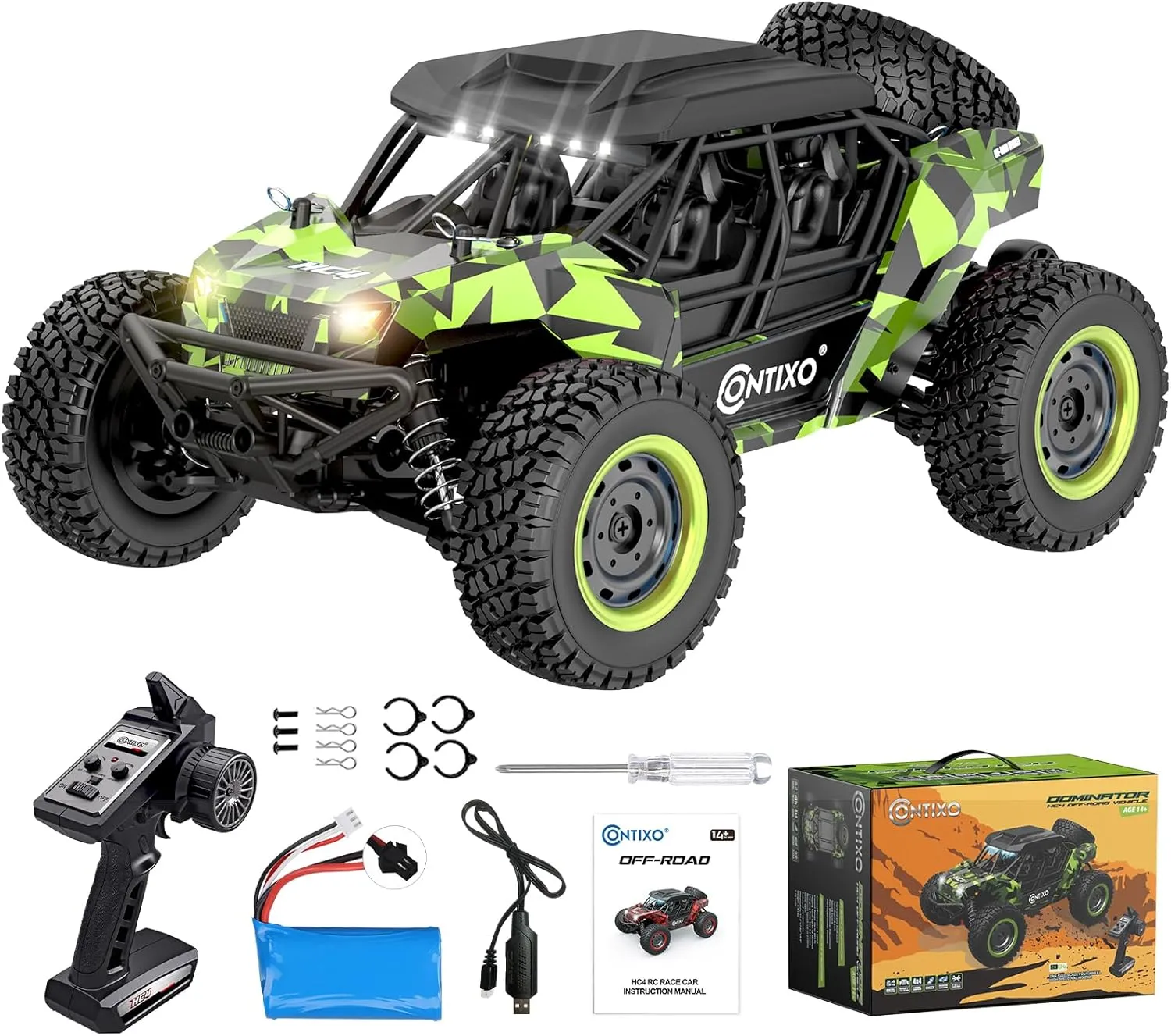 Contixo HC4 1:16 All Terrain RC Car – 25 MPH 4WD Off-Road Remote Control Truck with 2.4GHz Radio, LED Lights, Shock Absorption & Waterproof Design – High-Speed Electric Vehicle for Kids-Green
