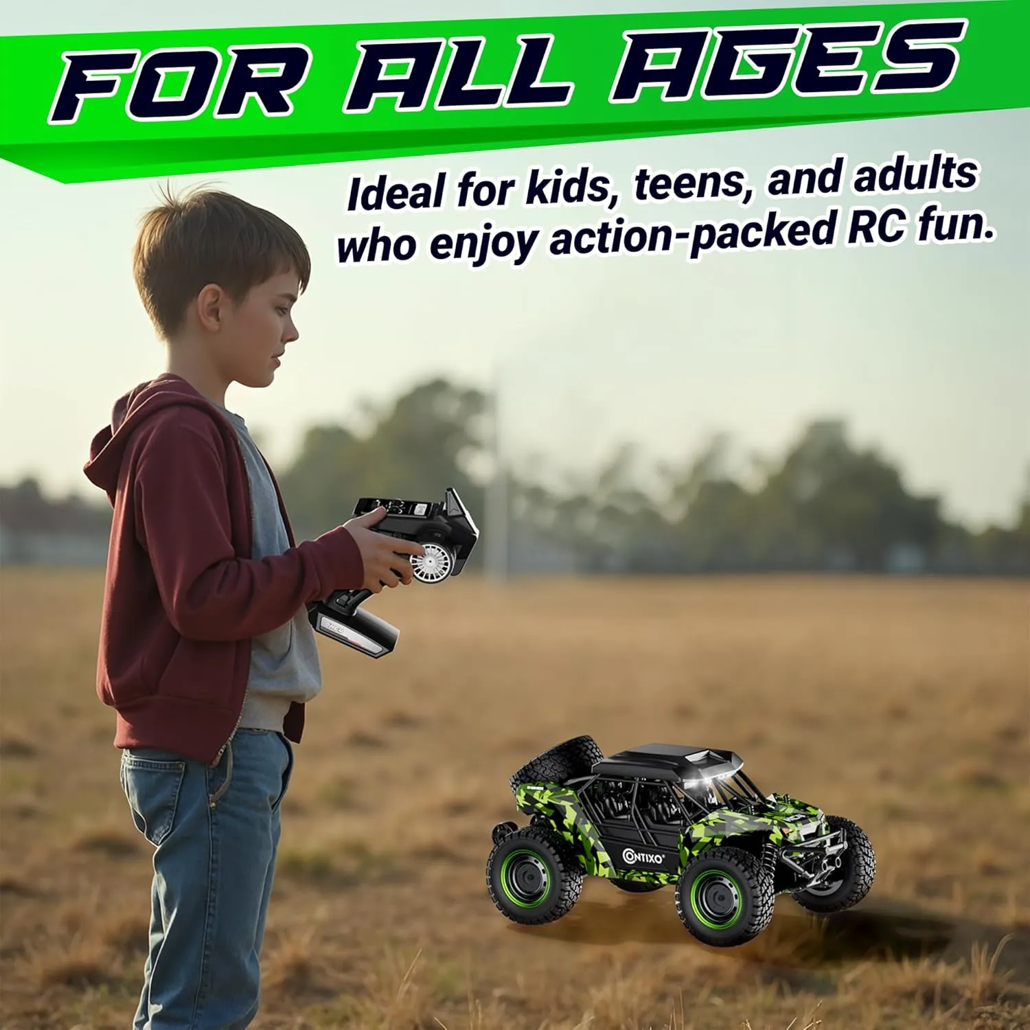 Contixo HC4 1:16 All Terrain RC Car – 25 MPH 4WD Off-Road Remote Control Truck with 2.4GHz Radio, LED Lights, Shock Absorption & Waterproof Design – High-Speed Electric Vehicle for Kids-Green