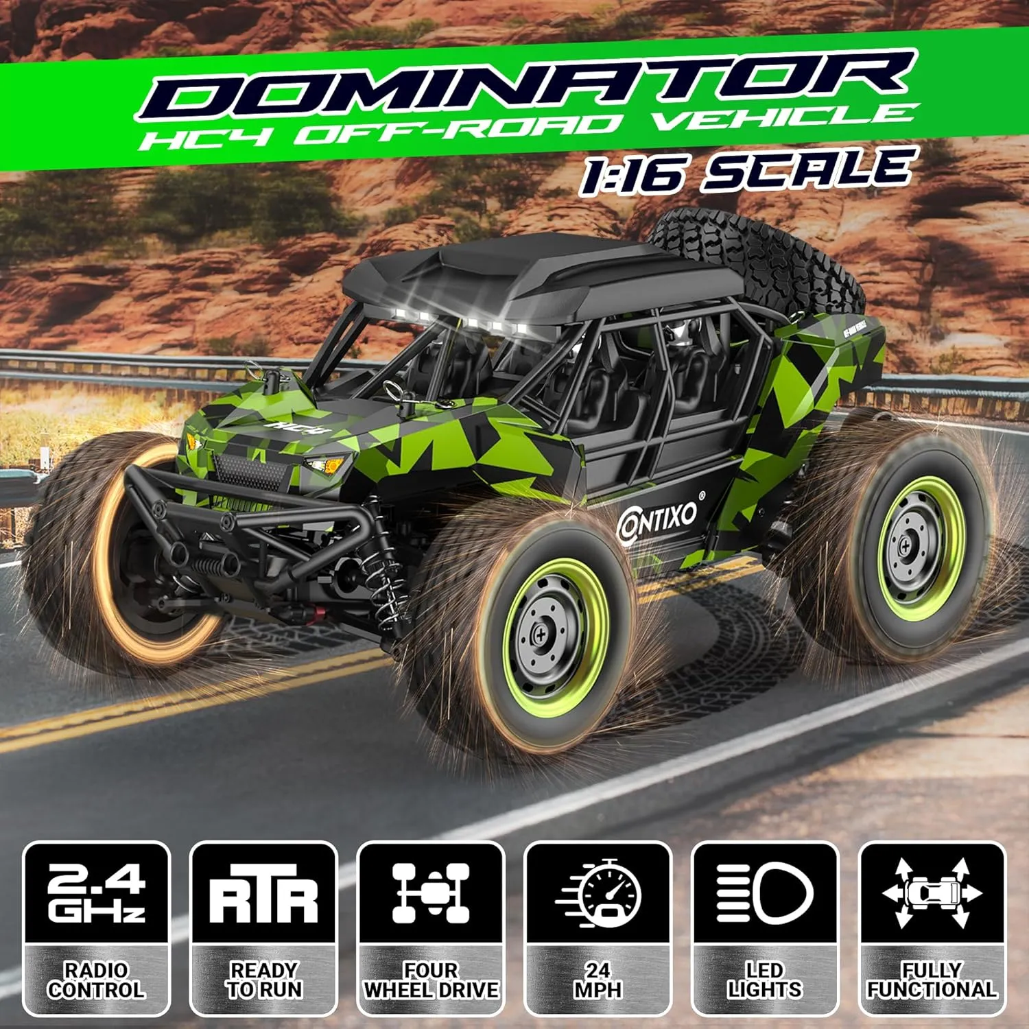 Contixo HC4 1:16 All Terrain RC Car – 25 MPH 4WD Off-Road Remote Control Truck with 2.4GHz Radio, LED Lights, Shock Absorption & Waterproof Design – High-Speed Electric Vehicle for Kids-Green