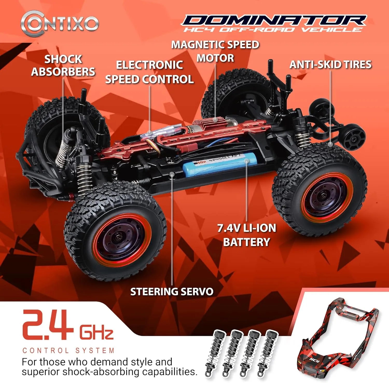 Contixo HC4 1:16 All Terrain RC Car – 25 MPH 4WD Off-Road Remote Control Truck with 2.4GHz Radio, LED Lights, Shock Absorption & Waterproof Design – High-Speed Electric Vehicle for Kids-Red