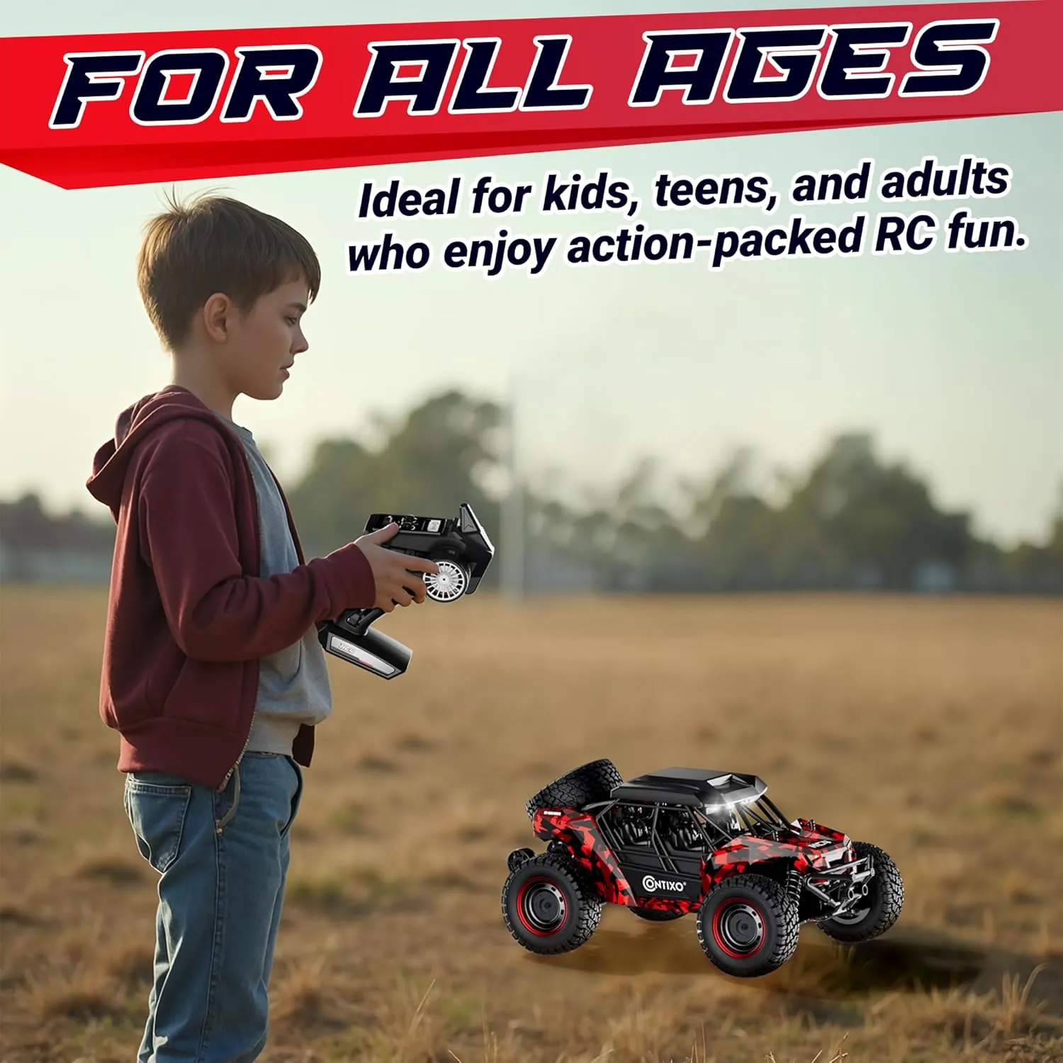 Contixo HC4 1:16 All Terrain RC Car – 25 MPH 4WD Off-Road Remote Control Truck with 2.4GHz Radio, LED Lights, Shock Absorption & Waterproof Design – High-Speed Electric Vehicle for Kids-Red