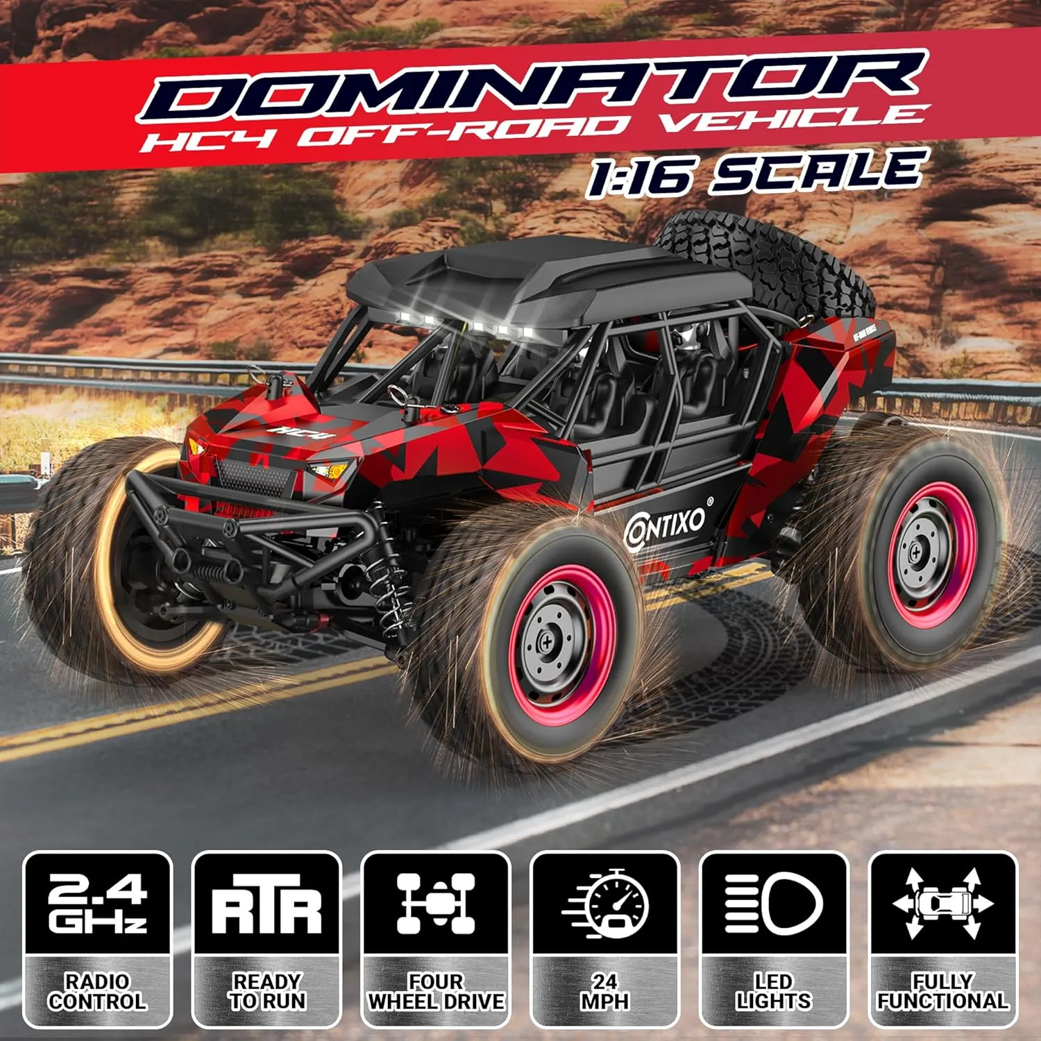 Contixo HC4 1:16 All Terrain RC Car – 25 MPH 4WD Off-Road Remote Control Truck with 2.4GHz Radio, LED Lights, Shock Absorption & Waterproof Design – High-Speed Electric Vehicle for Kids-Red