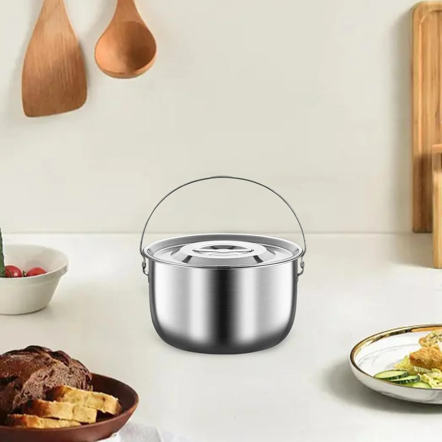 Cooking Pot Stainless Steel Camping Pot Kitchen Accessories with Handle and Lid Portable for Cooking Commercial Party Kitchen, 2.5L