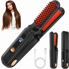Cordless Hair Straightener Brush 3 in 1,Cordless Rechargeable Hair Straightener Comb Clip 5000mAh,Portable Travel Straightener,Mini Hot Straightening Comb for Women,Ceramic Coating,Black