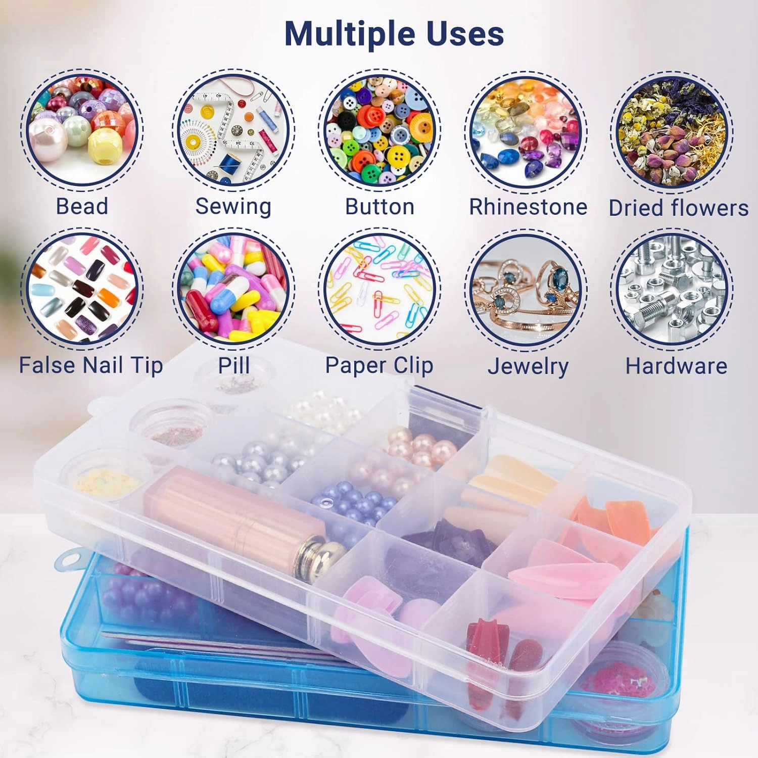 Cosics 10pcs Fake Nail Storage, 15-Grid Small Plastic Rhinestone Organizer Box, Acrylic False Nail Tips Container, Jewelry Display Holder, Tackle Hair Art Craft Accessories Empty Case with Dividers