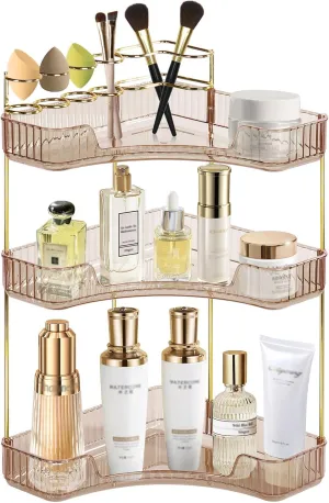 Cosmetic Display Cases Makeup Organizer: Large Capacity Stackable Corner Bathroom Makeup Shelf Top Tier with Divider Brush Skincare Display box,Fits Perfume, Lipsticks(3-Tier,Amber Gold)