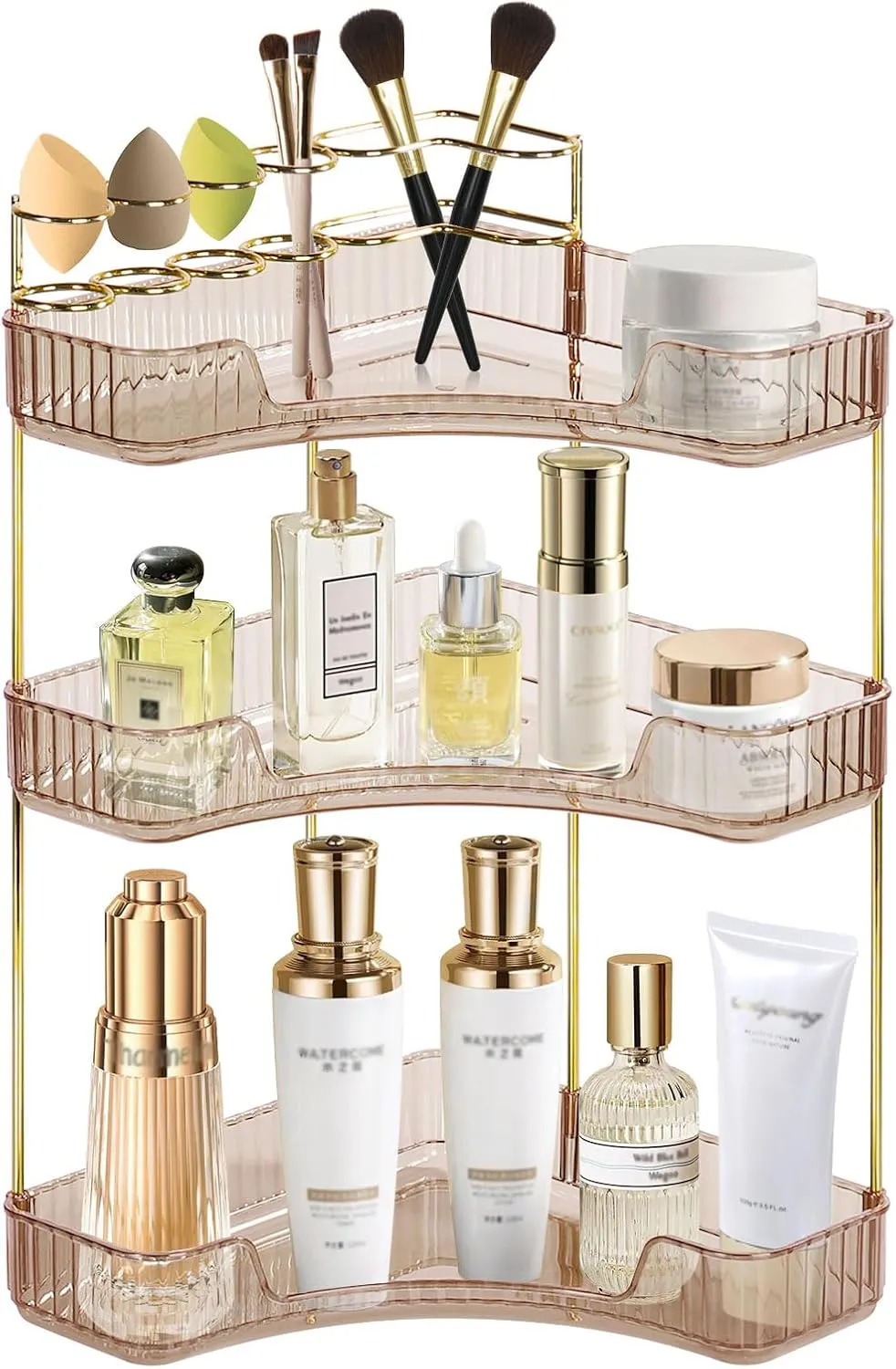 Cosmetic Display Cases Makeup Organizer: Large Capacity Stackable Corner Bathroom Makeup Shelf Top Tier with Divider Brush Skincare Display box,Fits Perfume, Lipsticks(3-Tier,Amber Gold)