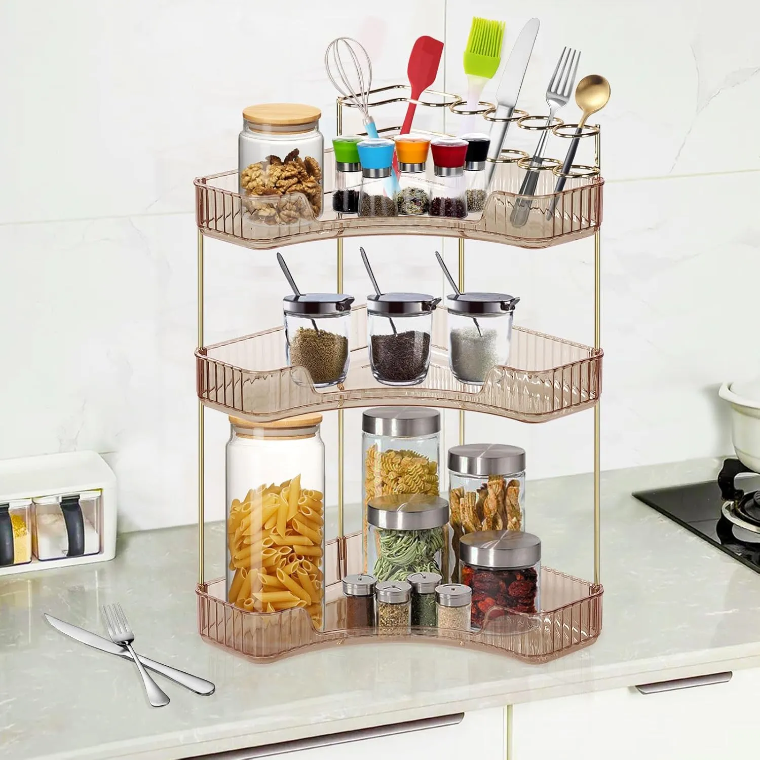 Cosmetic Display Cases Makeup Organizer: Large Capacity Stackable Corner Bathroom Makeup Shelf Top Tier with Divider Brush Skincare Display box,Fits Perfume, Lipsticks(3-Tier,Amber Gold)