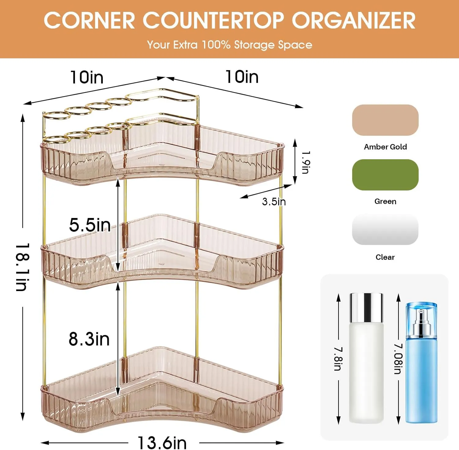 Cosmetic Display Cases Makeup Organizer: Large Capacity Stackable Corner Bathroom Makeup Shelf Top Tier with Divider Brush Skincare Display box,Fits Perfume, Lipsticks(3-Tier,Amber Gold)