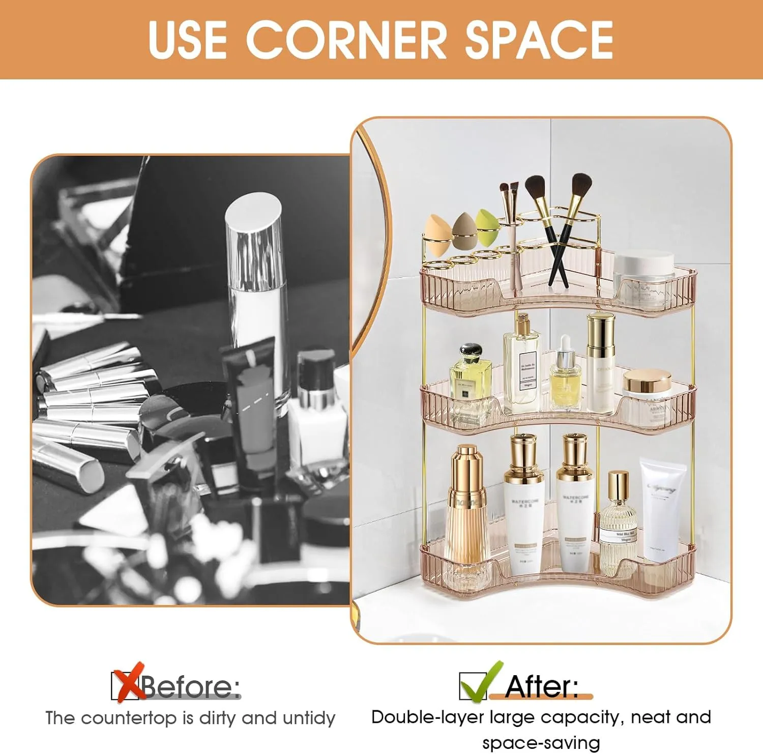 Cosmetic Display Cases Makeup Organizer: Large Capacity Stackable Corner Bathroom Makeup Shelf Top Tier with Divider Brush Skincare Display box,Fits Perfume, Lipsticks(3-Tier,Amber Gold)
