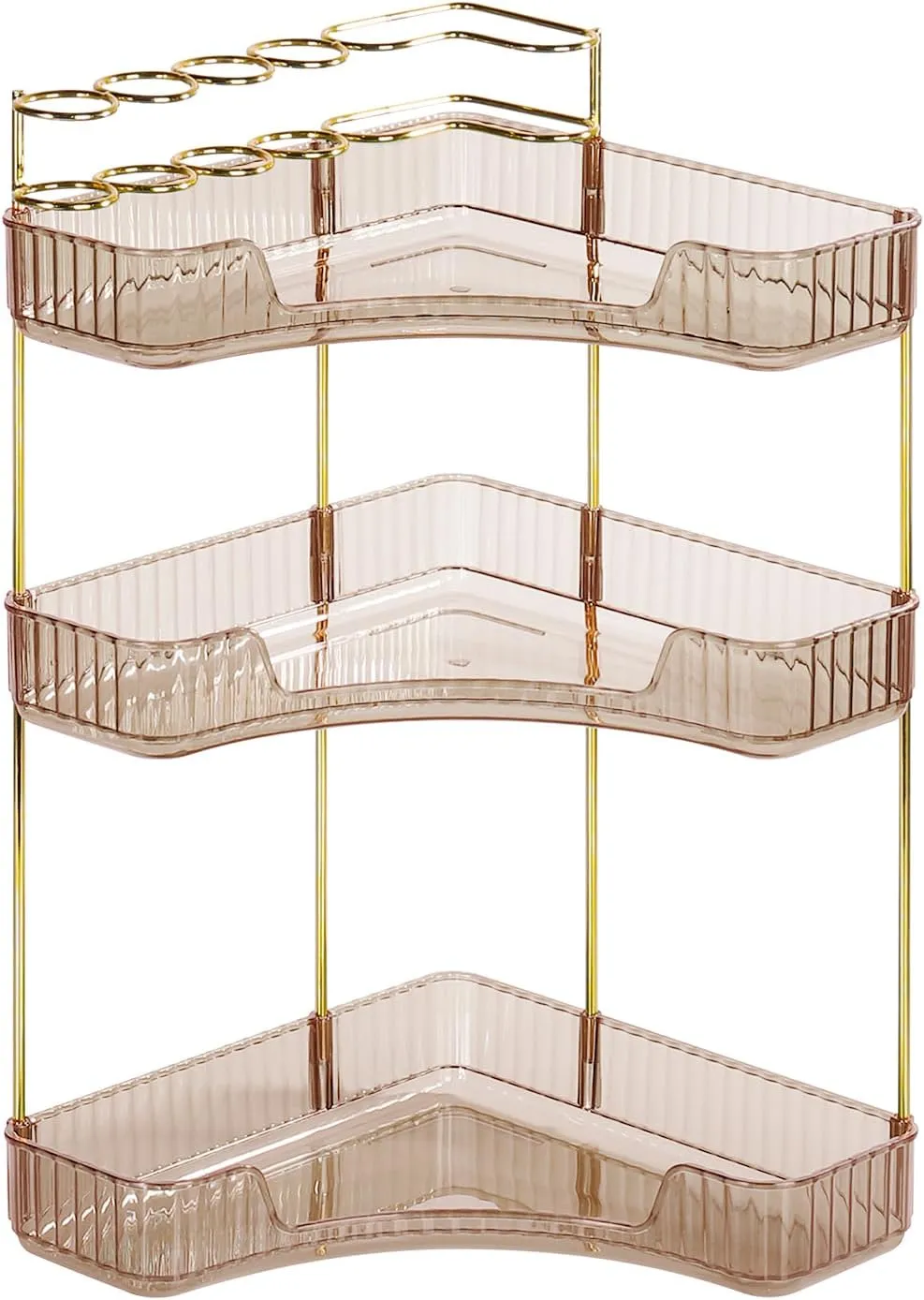 Cosmetic Display Cases Makeup Organizer: Large Capacity Stackable Corner Bathroom Makeup Shelf Top Tier with Divider Brush Skincare Display box,Fits Perfume, Lipsticks(3-Tier,Amber Gold)