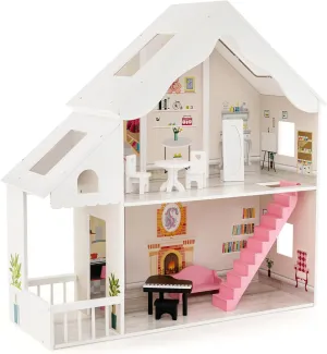 Costzon Kids Wooden Dollhouse, 2-in-1 Cottage Dollhouse Bookcase w/ 6 Rooms and Hidden Storage, 2 Tiers Pretend Toy Set w/ 8 PCS Furniture for Toddlers Playroom, Nursery, Gift for Girls & Boys (White)