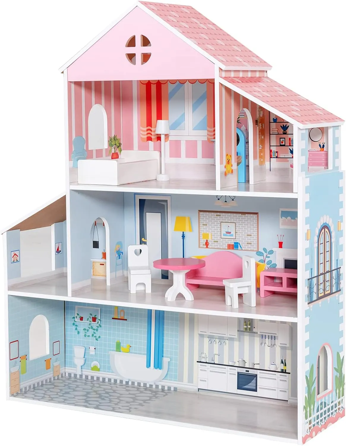 Costzon Wooden Dollhouse, 3-Story Pretend Play Doll House with Living Room Bedroom Bathroom Furniture and Accessories, 31.5 Inch High Doll House for Little Girls, Gift for Ages 3 