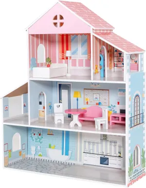 Costzon Wooden Dollhouse, 3-Story Pretend Play Doll House with Living Room Bedroom Bathroom Furniture and Accessories, 31.5 Inch High Doll House for Little Girls, Gift for Ages 3 
