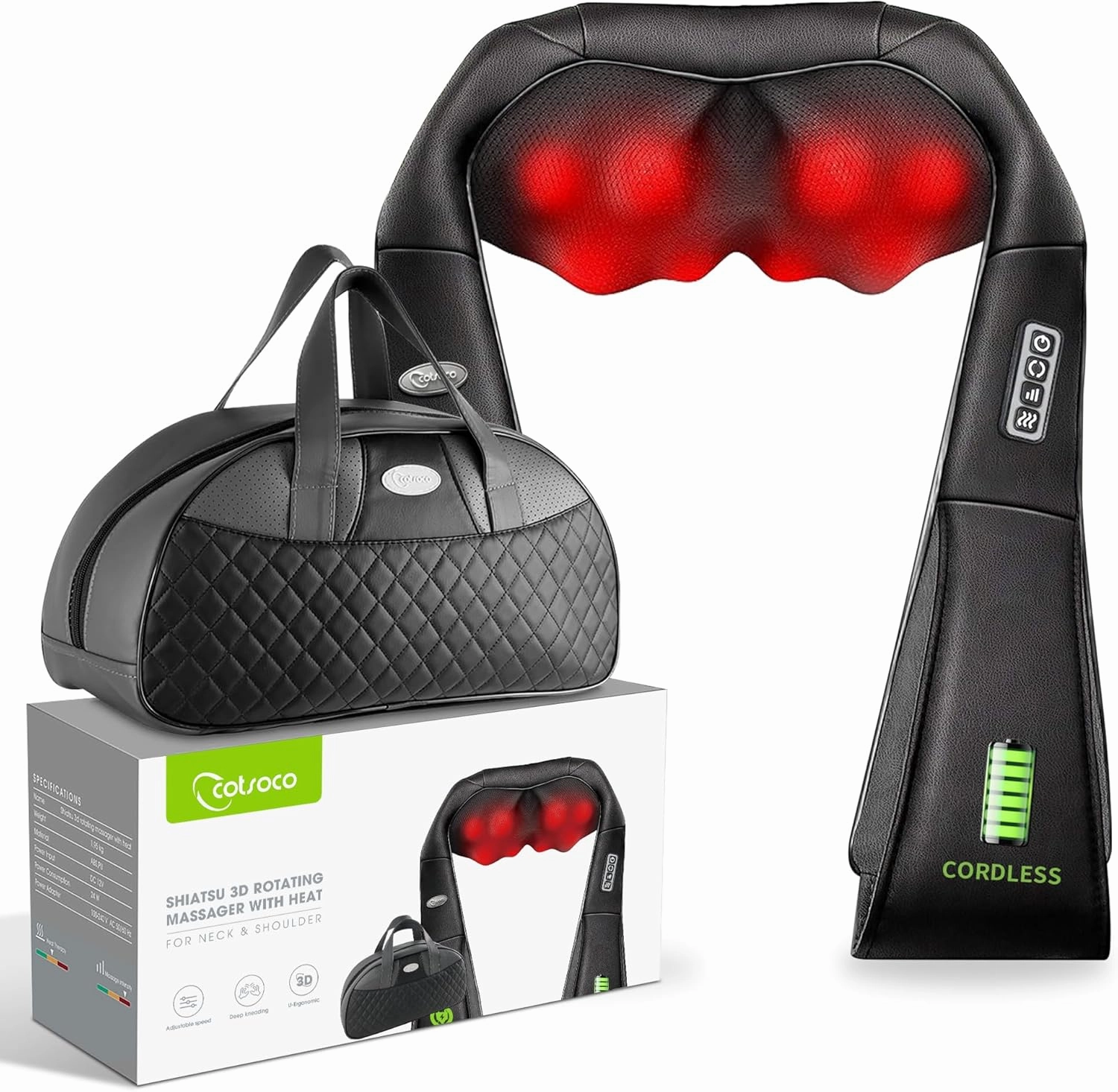 cotsoco Cordless Shiatsu Neck and Shoulder Massager with Heat,Portable Massagers for Neck and Back,3D Deep Tissue Kneading Back Massager for Muscle Pain Relief,Perfect Gifts for Men and Woman
