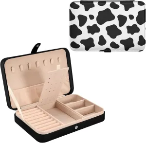 Cow Print Travel Jewelry Box, PU Leather Small Jewelry Case, Portable Jewellery Storage Holder Display for Ring Earrings Necklaces (Black)