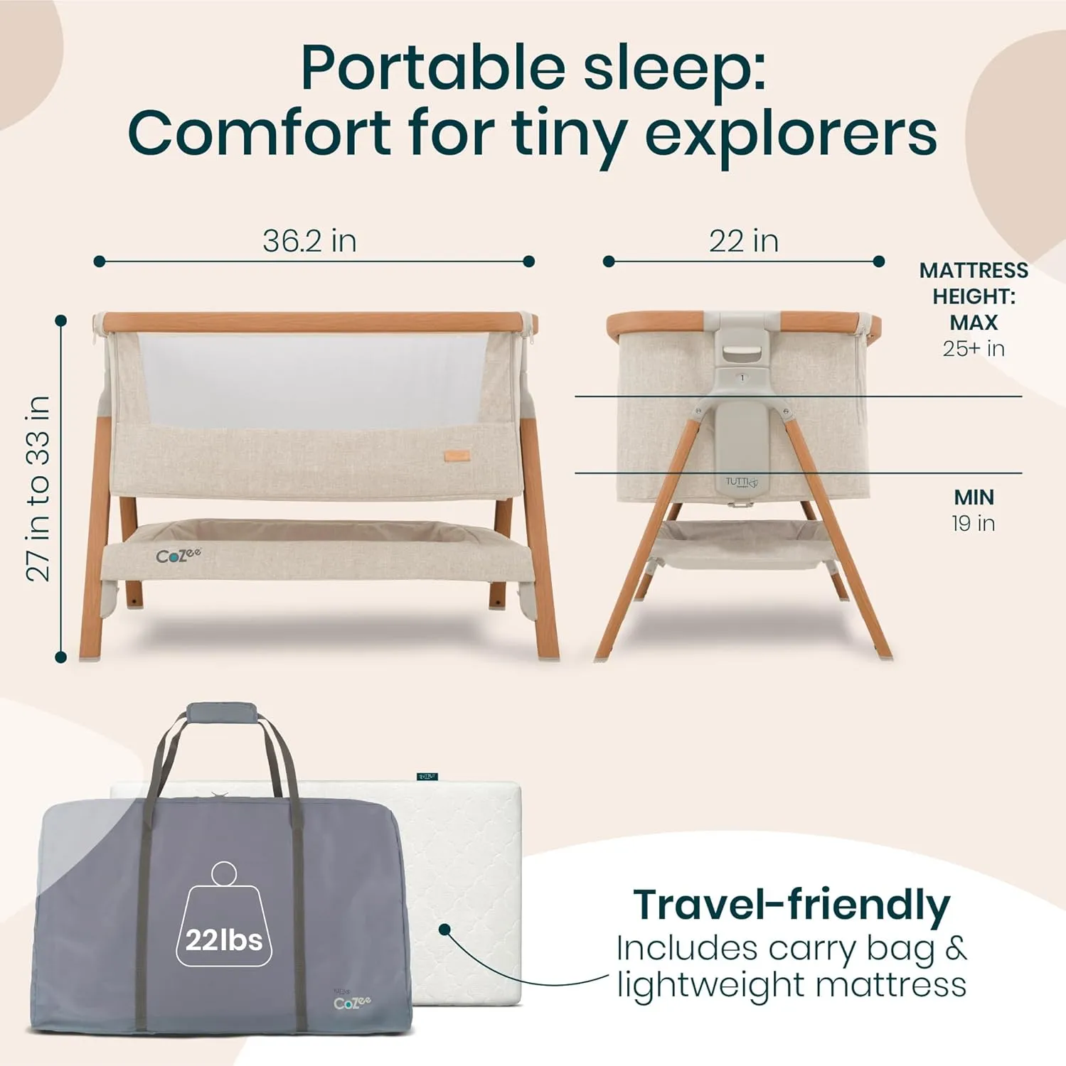 CoZee® 2-in-1 Baby Bassinet & Bedside Sleeper - Fast-Folding Bedside Bassinet, Baby Crib with 6 Mattress Heights & Breathable Mesh Window, Mattress Included, 0-6 Months (Walnut & Ecru)