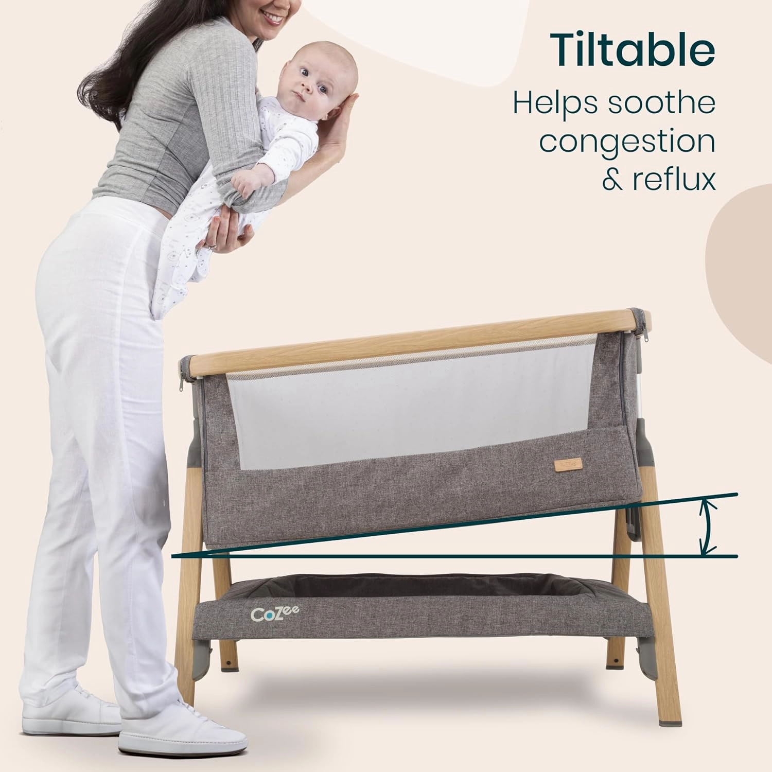 CoZee® 2-in-1 Baby Bassinet & Bedside Sleeper - Fast-Folding Bedside Bassinet, Baby Crib with 6 Mattress Heights & Breathable Mesh Window, Mattress Included, 0-6 Months (Oak & Charcoal)