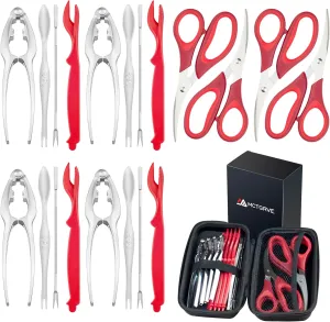 Crab Crackers and Tools，21-piece Seafood Tools Set includes 4 Crab Crackers, 4 Lobster Shellers, 4 Lobster Forks/Picks, 4 Crab Forks/Spoons and 4 Seafood Scissors in 1 Storage Bag - Nut Cracker Set