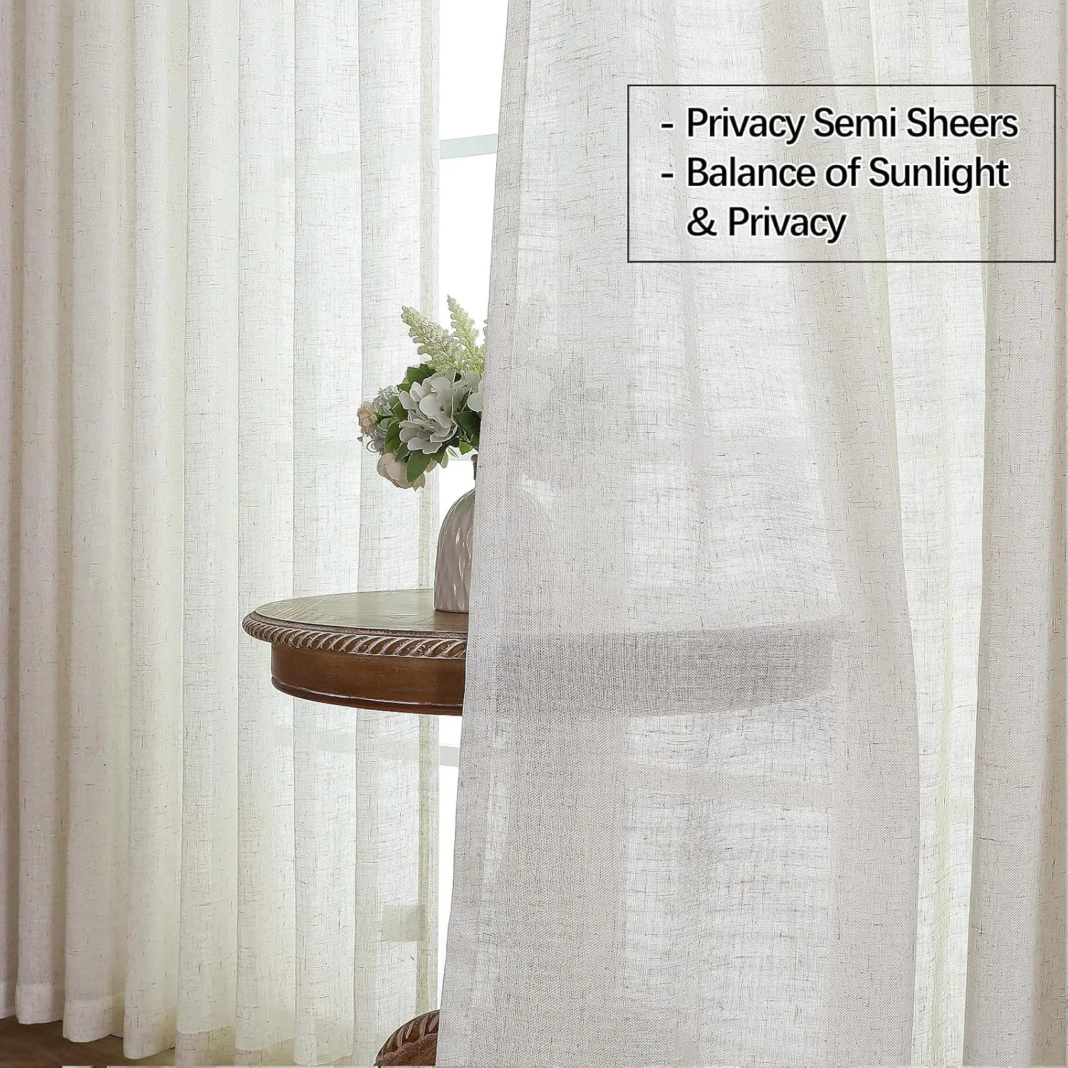 Cream Beige Pinch Pleated Linen Sheer Curtains 84 Inches Long 2 Panels Set, Natural Living Room Light Filtering Drapes, Neutral Window Treatments with Rings & Hooks & Back Tab