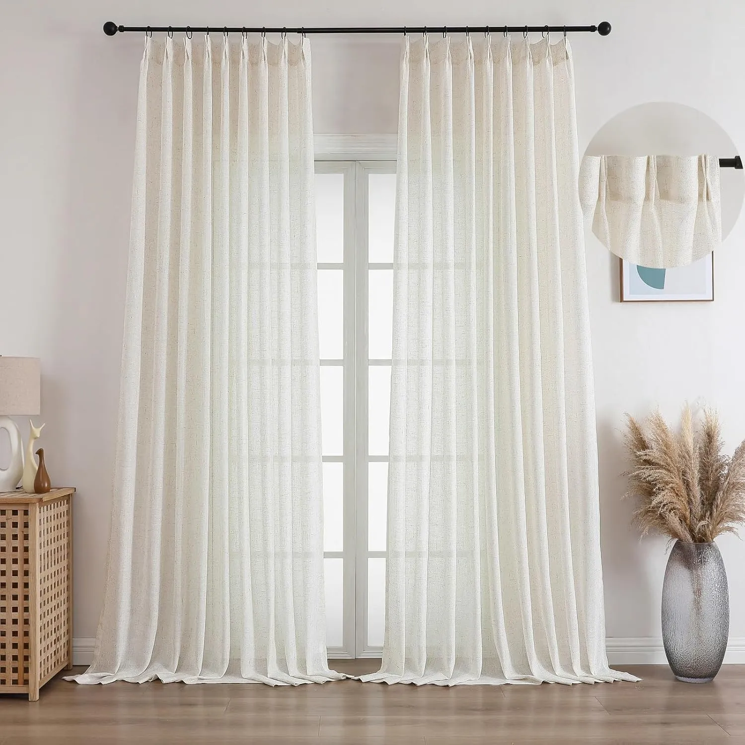 Cream Beige Pinch Pleated Linen Sheer Curtains 84 Inches Long 2 Panels Set, Natural Living Room Light Filtering Drapes, Neutral Window Treatments with Rings & Hooks & Back Tab