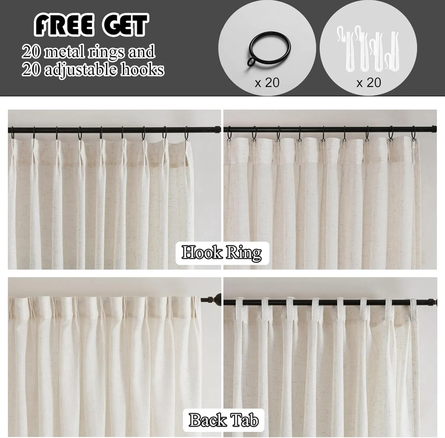 Cream Beige Pinch Pleated Linen Sheer Curtains 84 Inches Long 2 Panels Set, Natural Living Room Light Filtering Drapes, Neutral Window Treatments with Rings & Hooks & Back Tab