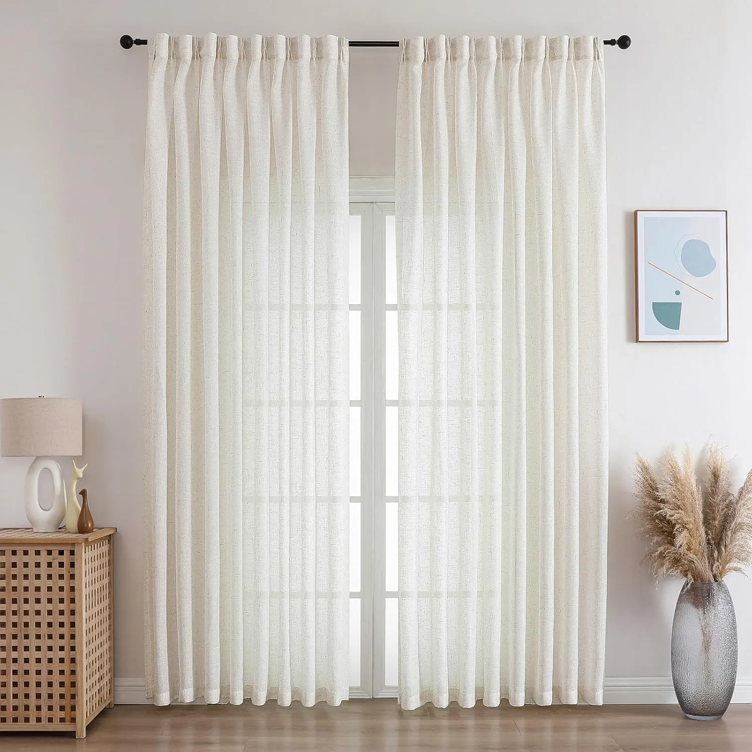 Cream Beige Pinch Pleated Linen Sheer Curtains 84 Inches Long 2 Panels Set, Natural Living Room Light Filtering Drapes, Neutral Window Treatments with Rings & Hooks & Back Tab