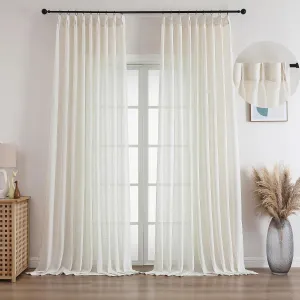 Cream Beige Pinch Pleated Linen Sheer Curtains 84 Inches Long 2 Panels Set, Natural Living Room Light Filtering Drapes, Neutral Window Treatments with Rings & Hooks & Back Tab