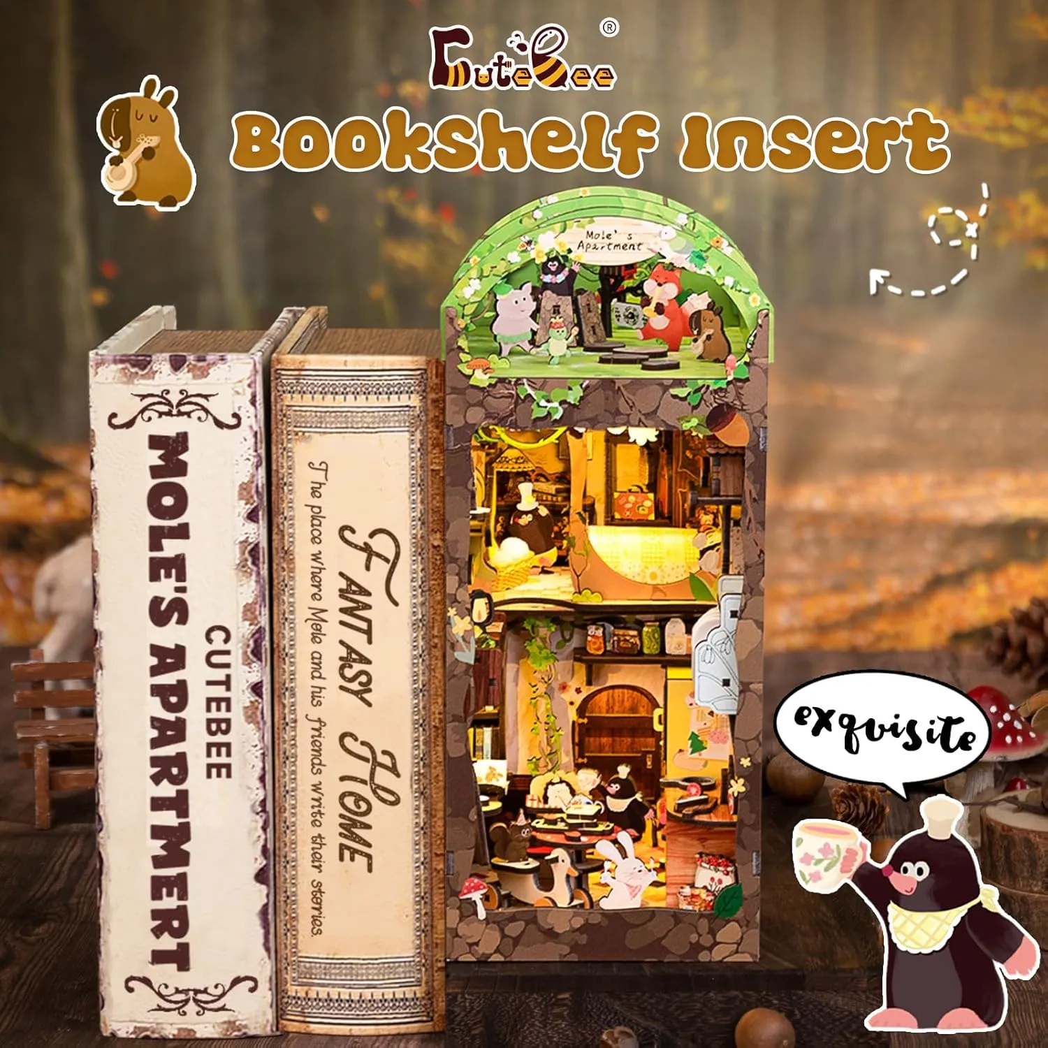 CUTEBEE Book Nook Kit, DIY Booknook Miniature House Tiny House 3D Wooden Puzzle Dollhouse Kit for Adults and Teens, Bookshelf Insert Decor, DIY Craft Gift Model Build