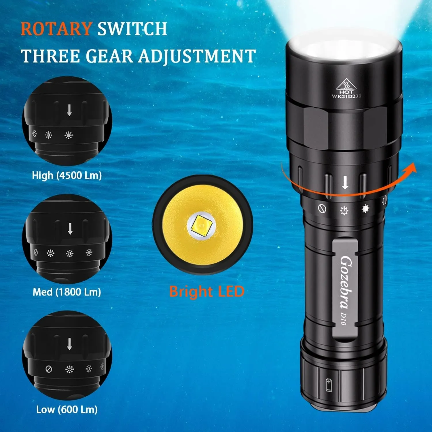 D10 4500 Lumen Underwater Light, 3 Modes Dive Light Scuba Diving Flashlight Dive Torch, Waterproof Flashlight Rechargeable, Safety Dive Lights with Battery and Charger for Night Diving