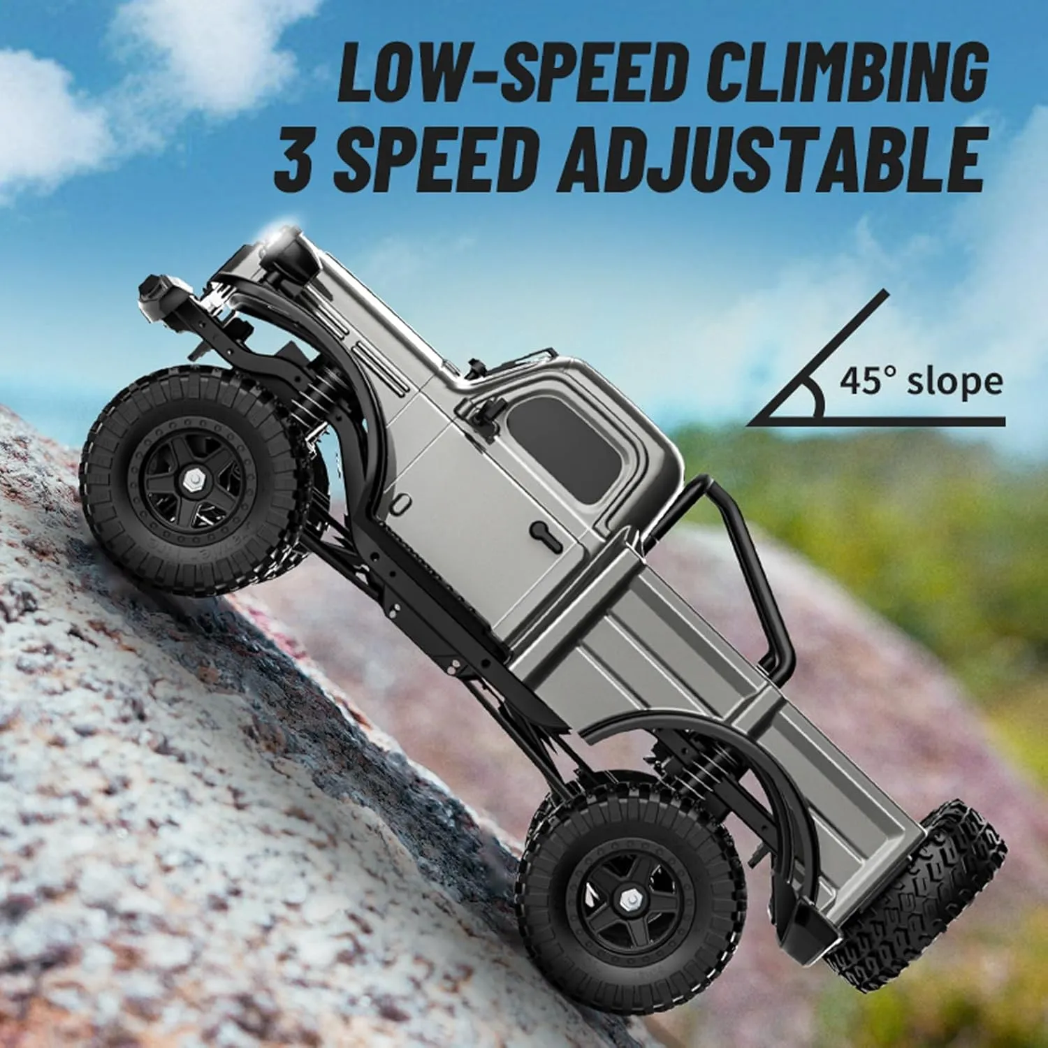 D883 RC Crawler Pickup Truck, 1:18 Scale 4WD Off-Road RC Rock Crawler with LED Lights and 2 Rechargeable Batteries for Adults (Gray)