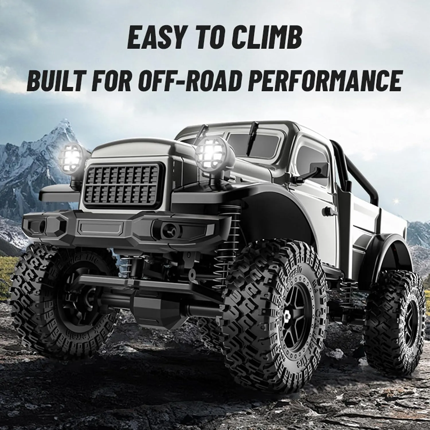 D883 RC Crawler Pickup Truck, 1:18 Scale 4WD Off-Road RC Rock Crawler with LED Lights and 2 Rechargeable Batteries for Adults (Gray)
