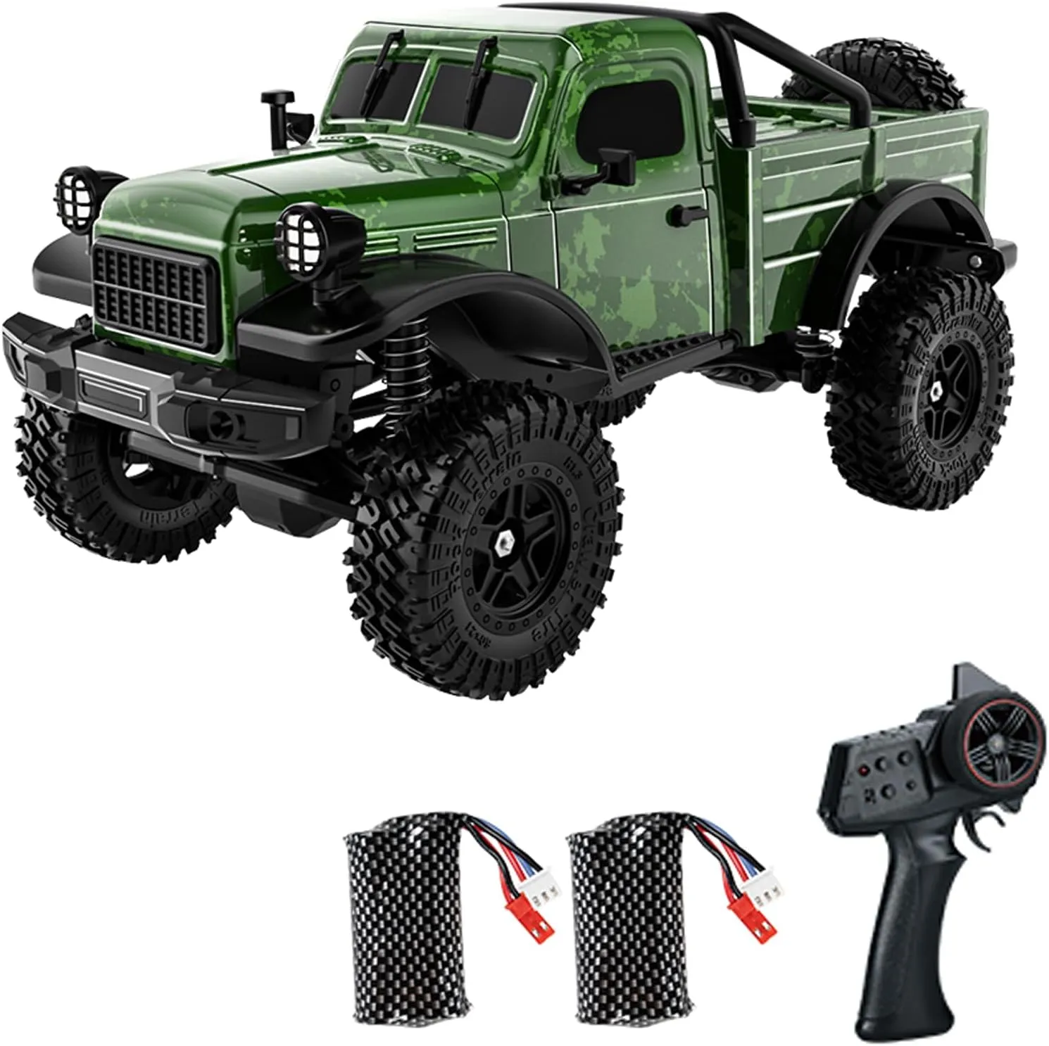 D883 RC Crawler Pickup Truck, 1:18 Scale Remote Control Car, 4WD Off-Road RC Rock Crawler with LED Lights and 2 Rechargeable Batteries for Adults (Green)