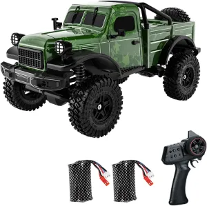 D883 RC Crawler Pickup Truck, 1:18 Scale Remote Control Car, 4WD Off-Road RC Rock Crawler with LED Lights and 2 Rechargeable Batteries for Adults (Green)